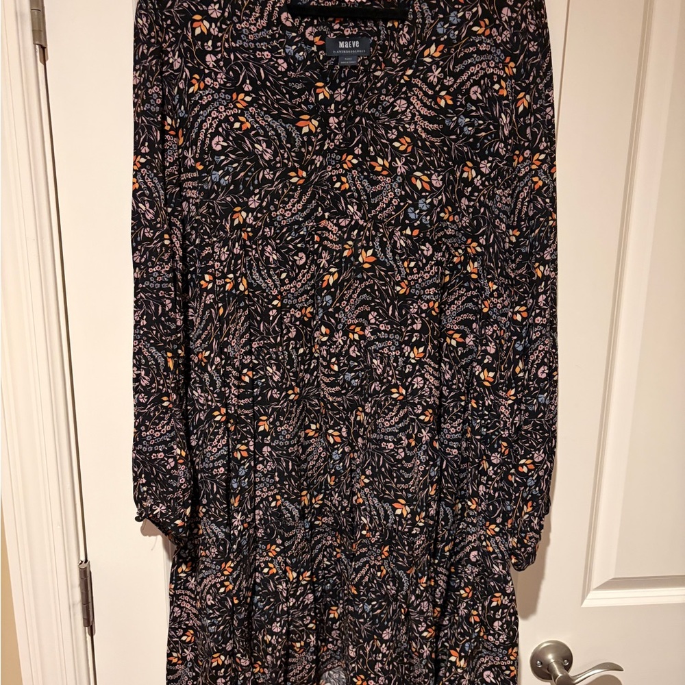 Anthropologie Black and Orange Floral Print Long Sleeve Dress